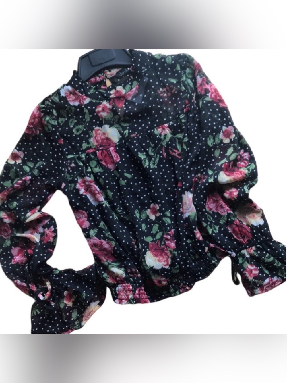 Derek Heart S black & red rose Victorian sheer chiffon top NWT